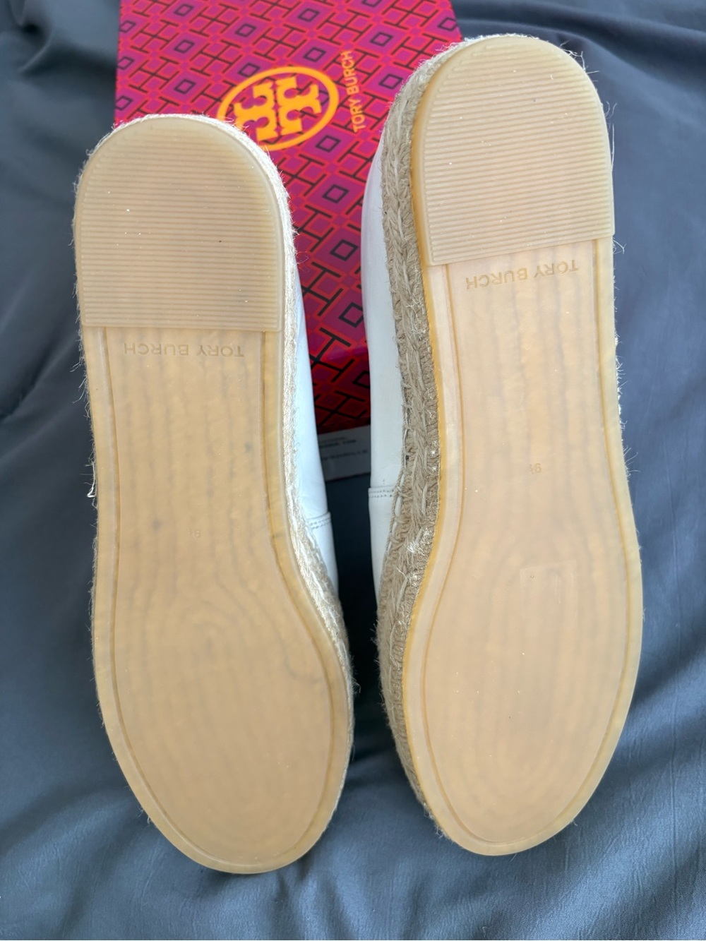 Tory Burch Cream Leather Espadrille Loafers with Black Logo - Picture 5 of 5